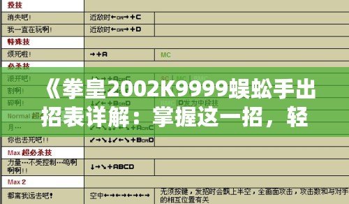 《拳皇2002K9999蜈蚣手出招表詳解：掌握這一招，輕松制敵》