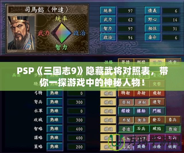 PSP《三國志9》隱藏武將對照表，帶你一探游戲中的神秘人物！